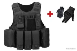 Gilet Tactique Noir Multipoches + Gants Tactiques - Airsoft, Chasse - Livraison Rapide Et Offerte