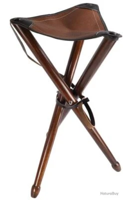TRÉPIED AYAUDES 65 CM, PIEDS BOIS, ASSISE CUIR MARRON, AVEC BRETELLE